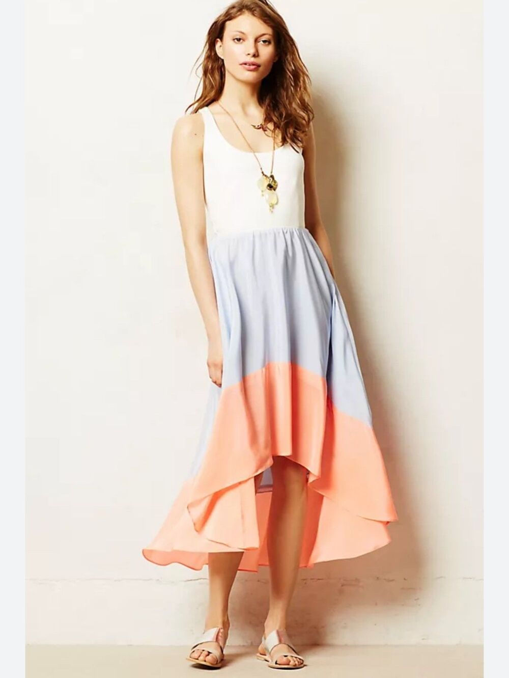 Anthropologie Hutch Capay Maxi Dress Medium Colorblock Blue Coral Ombre Silk USA